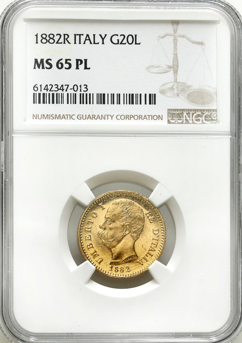 Włochy. Umberto I (1878-1900). 20 lire 1882 R, Rzym NGC MS65 PL - PIĘKNE